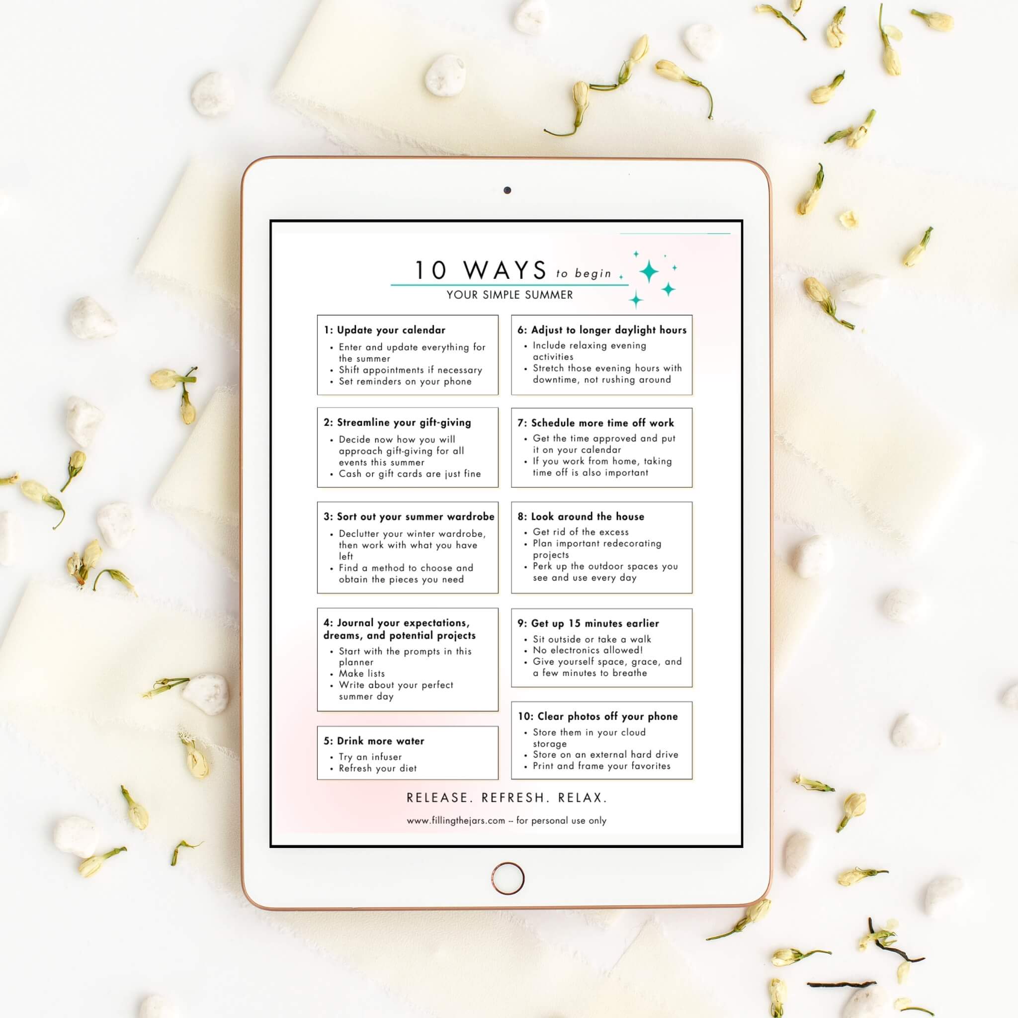 Simple Summer Planner page displayed on white computer tablet.